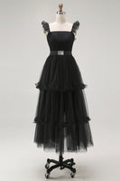 Load image into Gallery viewer, Black A Line Square Neck Tulle Tiered Tea Length Formal Dress
