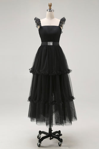 Black A Line Square Neck Tulle Tiered Tea Length Formal Dress