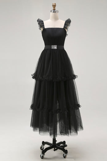 Black A Line Square Neck Tulle Tiered Tea Length Formal Dress