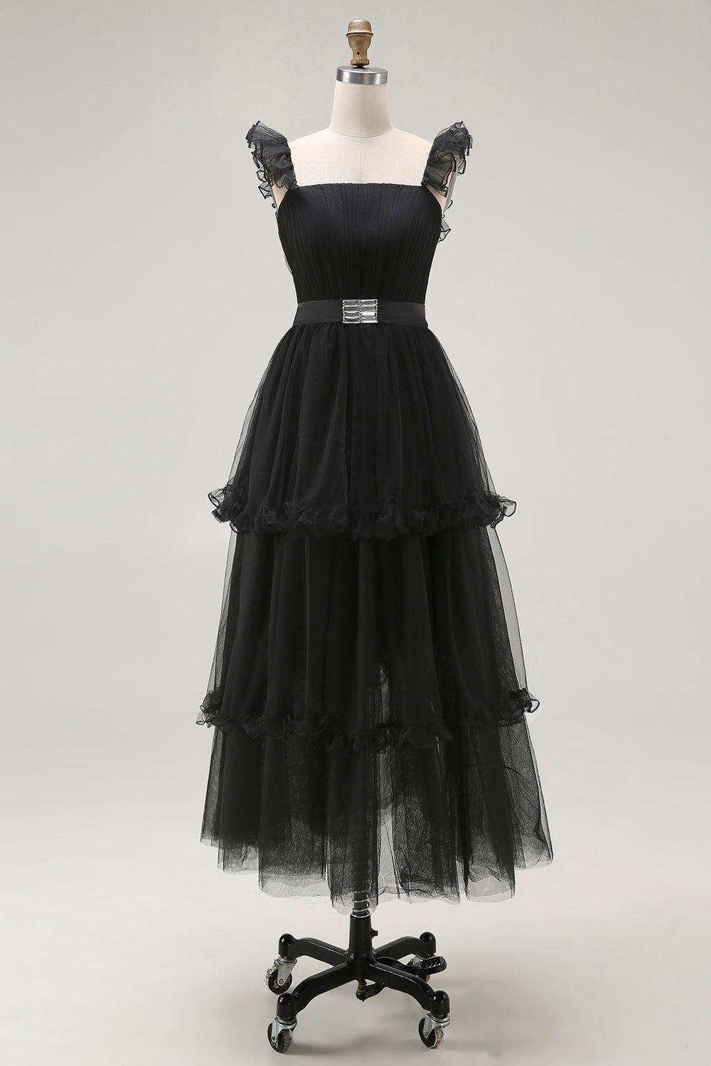 Black A Line Square Neck Tulle Tiered Tea Length Formal Dress