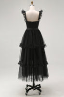 Load image into Gallery viewer, Black A Line Square Neck Tulle Tiered Tea Length Formal Dress