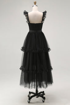 Black A Line Square Neck Tulle Tiered Tea Length Formal Dress