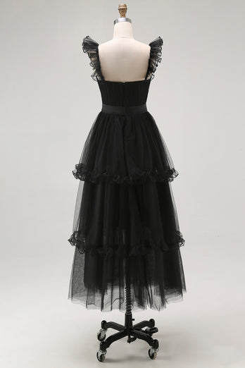 Black A Line Square Neck Tulle Tiered Tea Length Formal Dress