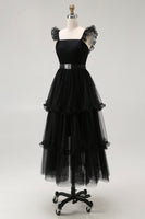 Load image into Gallery viewer, Black A Line Square Neck Tulle Tiered Tea Length Formal Dress