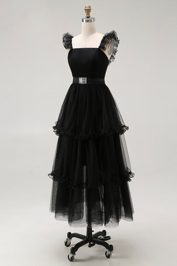 Black A Line Square Neck Tulle Tiered Tea Length Formal Dress