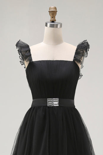 Black A Line Square Neck Tulle Tiered Tea Length Formal Dress