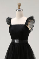 Load image into Gallery viewer, Black A Line Square Neck Tulle Tiered Tea Length Formal Dress