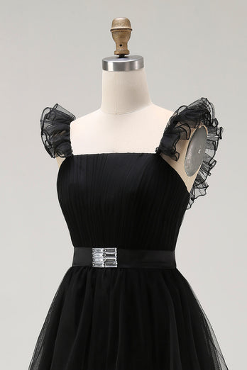 Black A Line Square Neck Tulle Tiered Tea Length Formal Dress