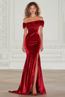 Load image into Gallery viewer, Queendancer Women Burgundy Velvet Formal Dress with Slit Mermaid Off the Shoulder Ruched Sweep Train Military Ball Dress