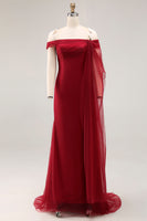 Load image into Gallery viewer, Women Cabernet Formal Dress Sheath Off the Shoulder Cape Long Military Ball Dress
