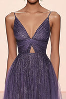 Load image into Gallery viewer, A Line Grey Purple Tulle Glitter Long Formal Dress