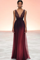 Load image into Gallery viewer, Sparkly Burgundy V-Neck A Line Long Formal Dress
