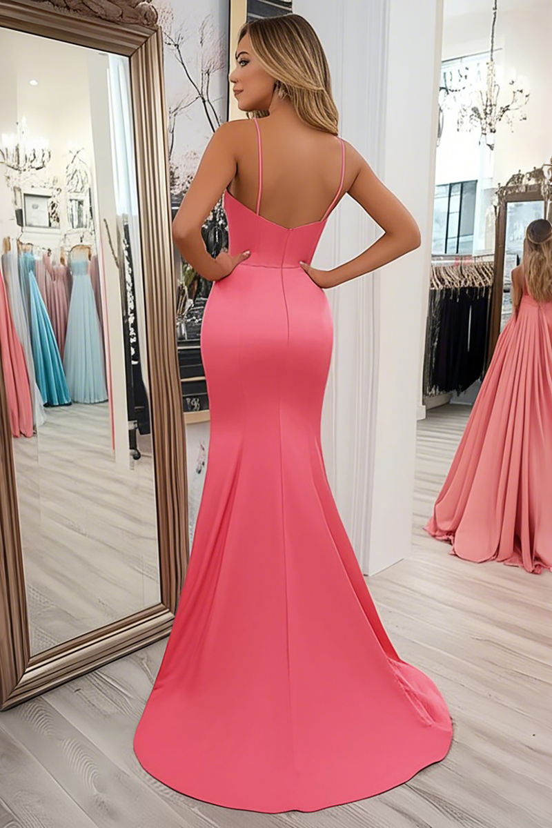 Load image into Gallery viewer, Coral V-Neck Satin Mermaid Sweep Train Prom Dress