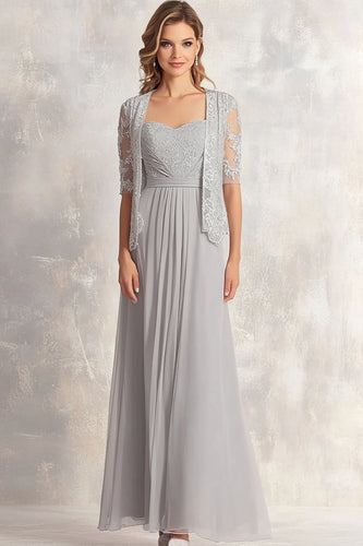 Silver Square Neck Floral Mother of the Bride Dress with Lace