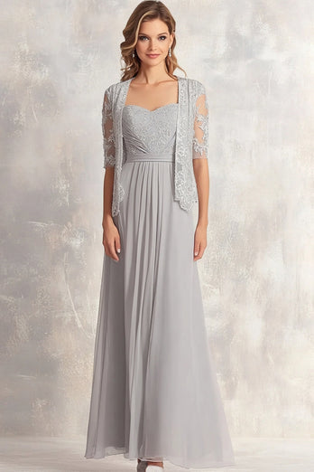 Silver Square Neck Floral Mother of the Bride Dress with Lace