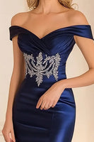 Load image into Gallery viewer, Sparkly Navy Off the Shoulder Satin Mother of the Bride Dress