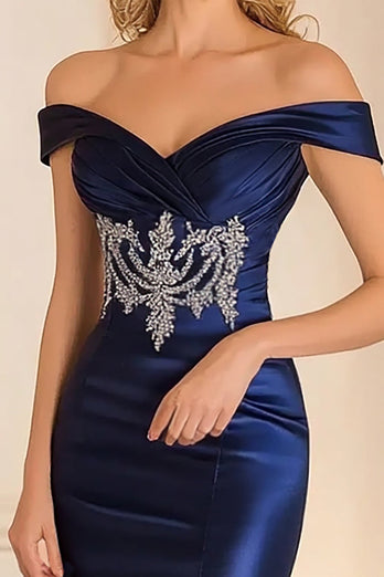 Sparkly Navy Off the Shoulder Satin Mother of the Bride Dress
