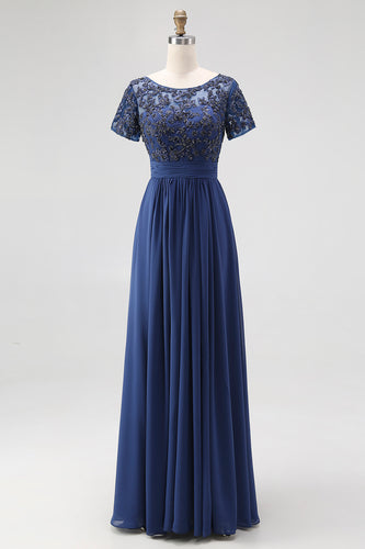 Navy Chiffon A Line Mother of the Bride Dress with Short Sleeves