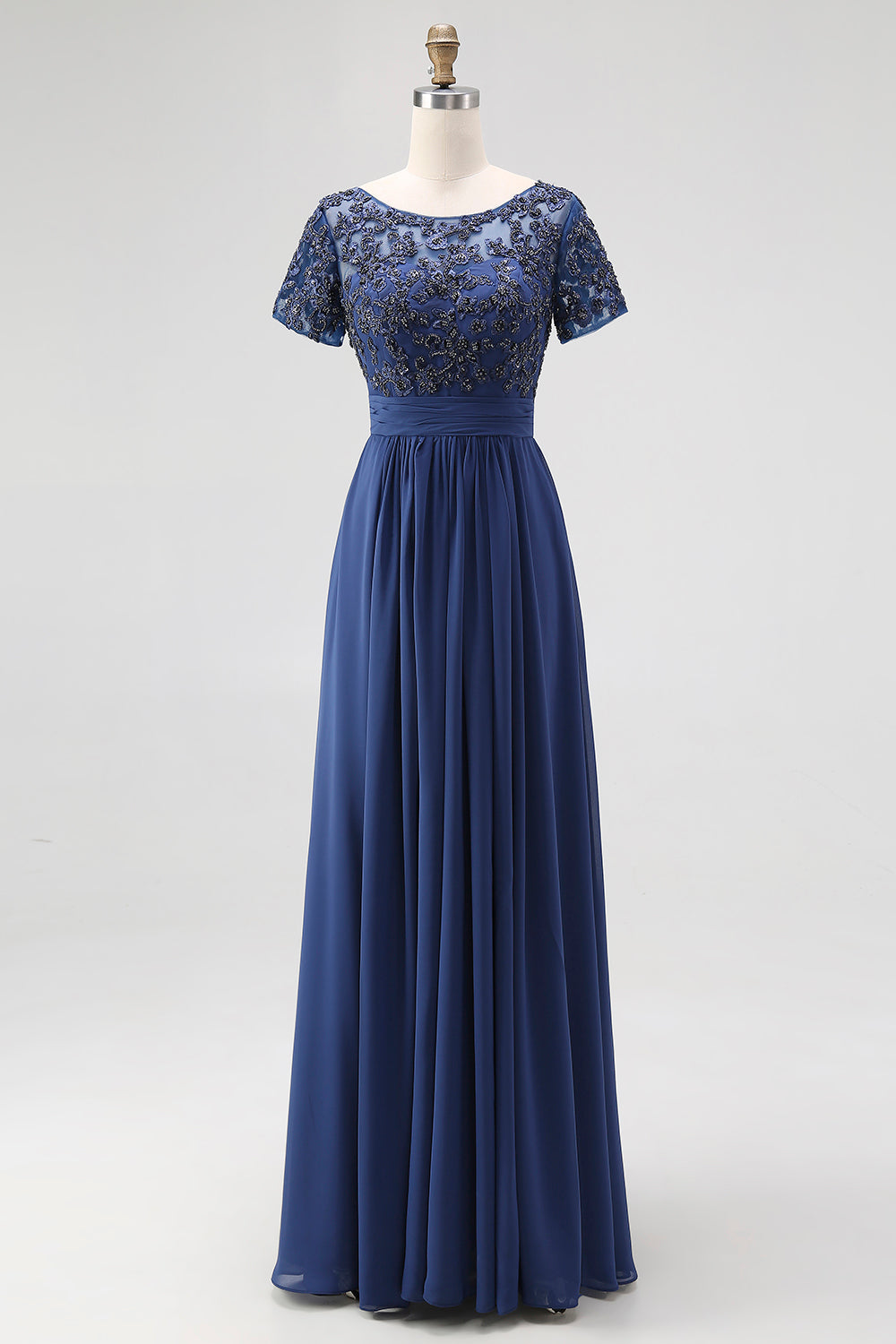 Navy Chiffon A Line Mother of the Bride Dress with Short Sleeves