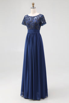 Navy Chiffon A Line Mother of the Bride Dress with Short Sleeves