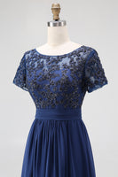 Load image into Gallery viewer, Navy Chiffon A Line Mother of the Bride Dress with Short Sleeves