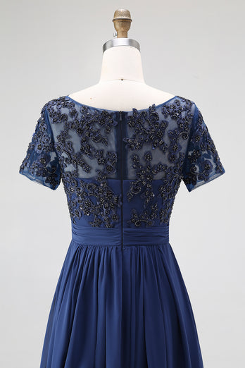 Navy Chiffon A Line Mother of the Bride Dress with Short Sleeves