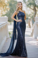 Load image into Gallery viewer, Sparkly One Shoulder Cape Mermaid Navy Mother of the Bride Dress