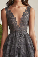 Load image into Gallery viewer, Dark Grey Ruffled A Line Lace Mother of the Bride Dress