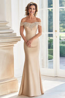 Load image into Gallery viewer, Elegant Champagne Mermaid Off The Shoulder Mother of the Bride Dress with Lace