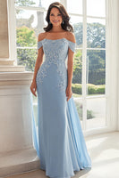 Load image into Gallery viewer, Sky Blue Mermaid Off The Shoulder Mother of the Bride Dress with Lace