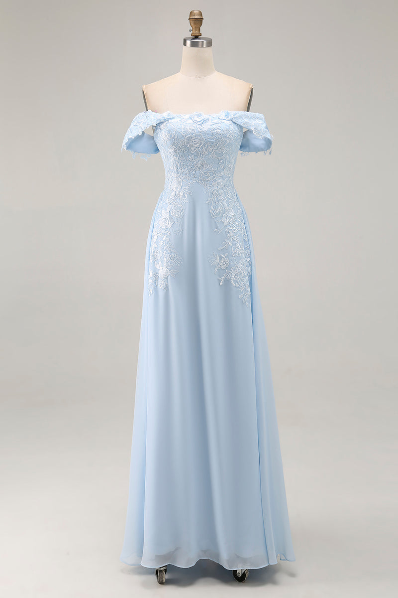 Load image into Gallery viewer, Sky Blue Mermaid Off The Shoulder Mother of the Bride Dress with Lace