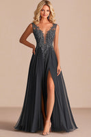 Load image into Gallery viewer, Charcoal Lace A Line V-Neck Mother of the Bride Dress with Slit
