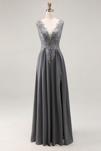 Charcoal Lace A Line V-Neck Mother of the Bride Dress with Slit