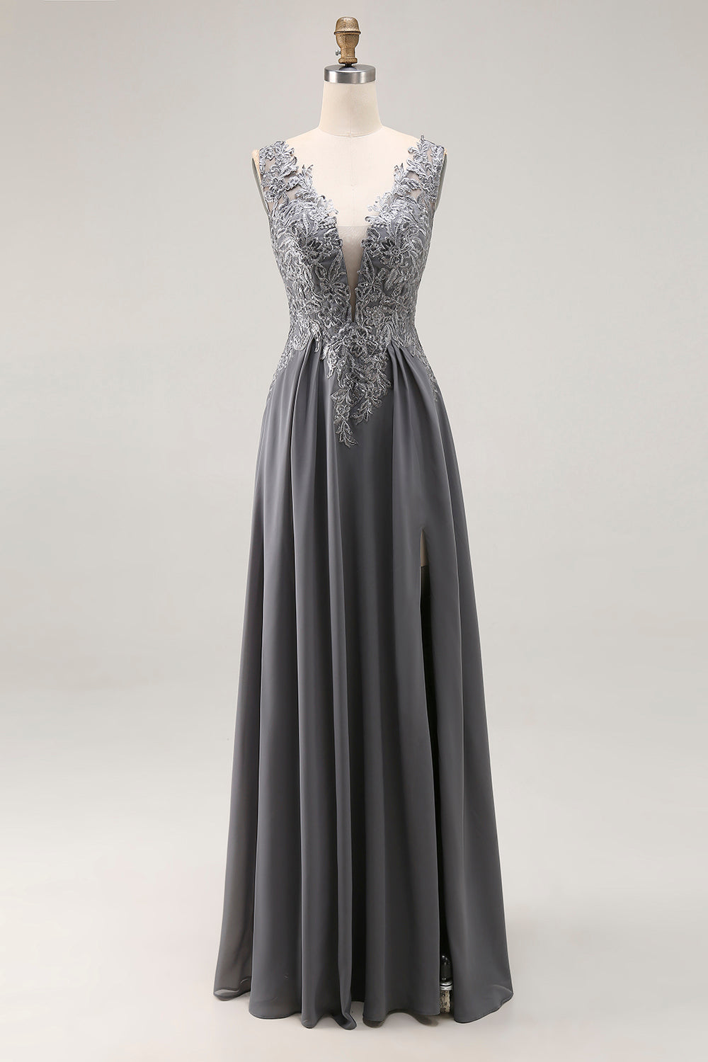Charcoal Lace A Line V-Neck Mother of the Bride Dress with Slit