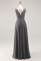 Load image into Gallery viewer, Charcoal Lace A Line V-Neck Mother of the Bride Dress with Slit