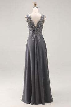 Charcoal Lace A Line V-Neck Mother of the Bride Dress with Slit