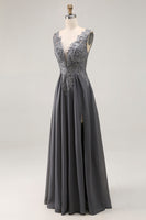Load image into Gallery viewer, Charcoal Lace A Line V-Neck Mother of the Bride Dress with Slit