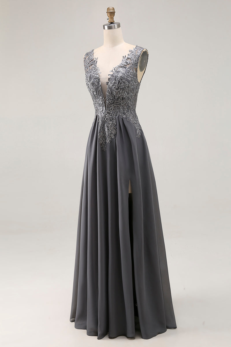 Load image into Gallery viewer, Charcoal Lace A Line V-Neck Mother of the Bride Dress with Slit