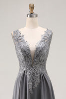 Load image into Gallery viewer, Charcoal Lace A Line V-Neck Mother of the Bride Dress with Slit