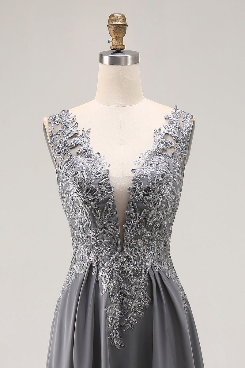 Load image into Gallery viewer, Charcoal Lace A Line V-Neck Mother of the Bride Dress with Slit