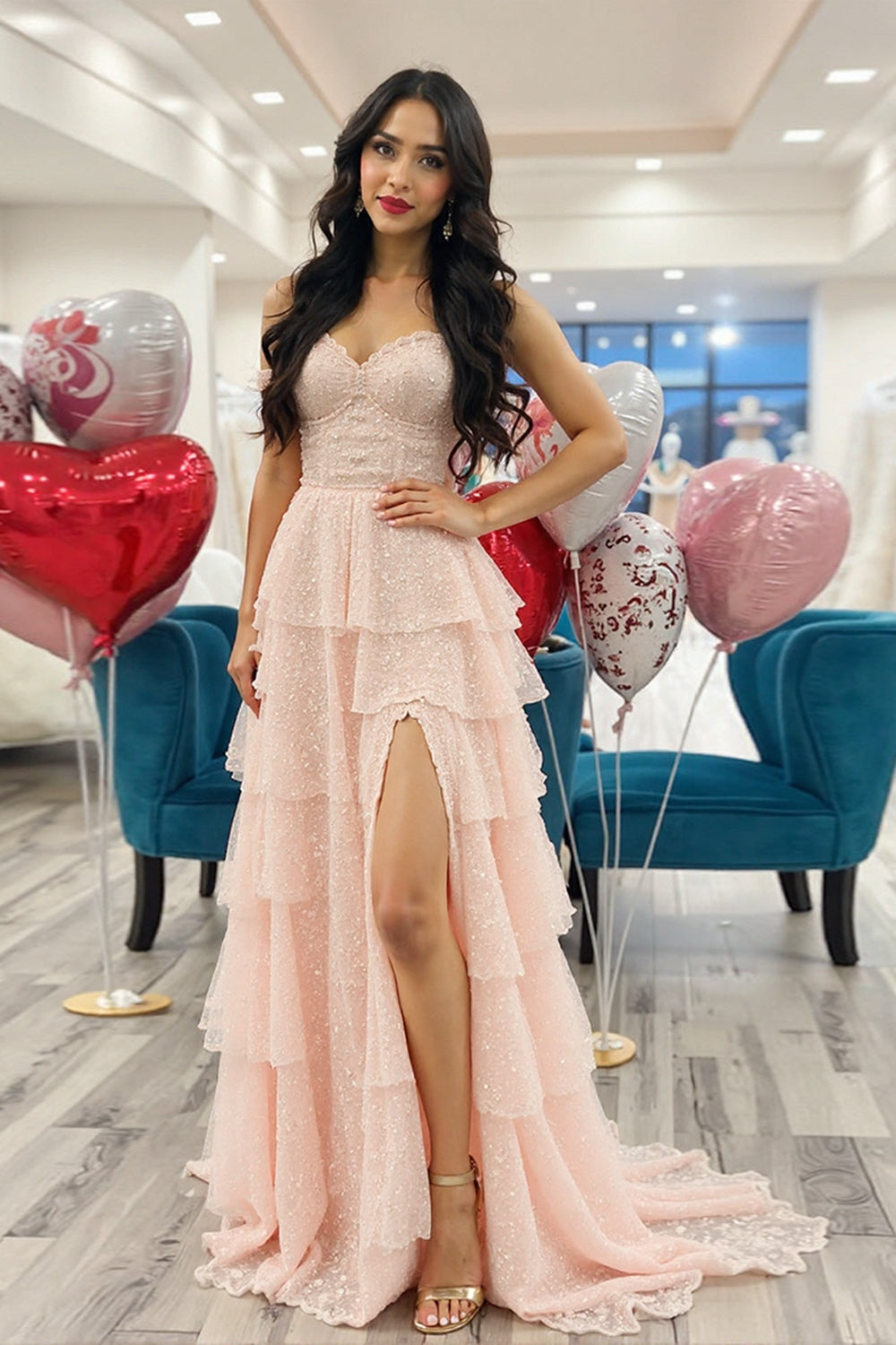 Glitter Blush Sweetheart Tiered Prom Dress with Slit