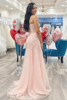 Load image into Gallery viewer, Sparkly Blush Tulle A Line Floor Length Prom Dress with Slit