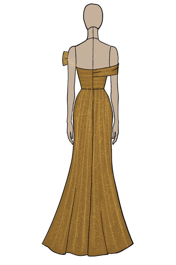 Metallic Golden Off The Shoulder Prom Dress with Slit