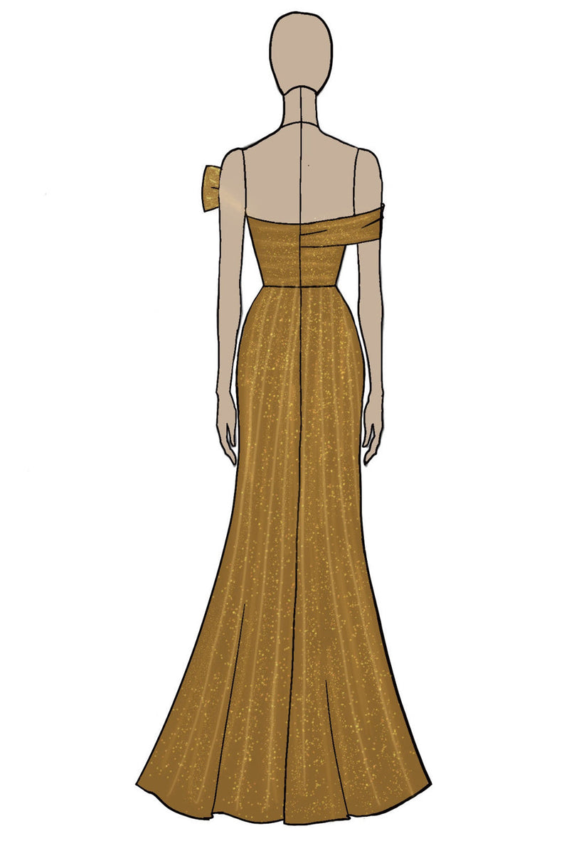 Load image into Gallery viewer, Metallic Golden Off The Shoulder Prom Dress with Slit