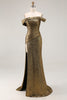 Load image into Gallery viewer, Golden Metallic One Shoulder Maxi Prom Dress with Slit