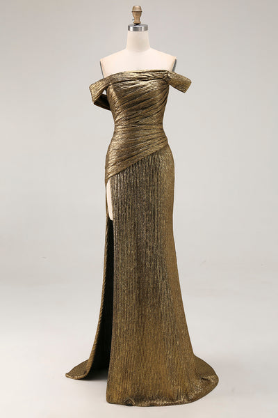 Golden Metallic One Shoulder Maxi Prom Dress with Slit