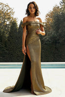 Load image into Gallery viewer, Metallic Golden One Shoulder Maxi Prom Dress with Slit