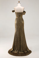 Load image into Gallery viewer, Metallic Golden One Shoulder Maxi Prom Dress with Slit