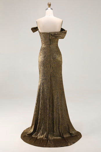Golden Metallic One Shoulder Maxi Prom Dress with Slit