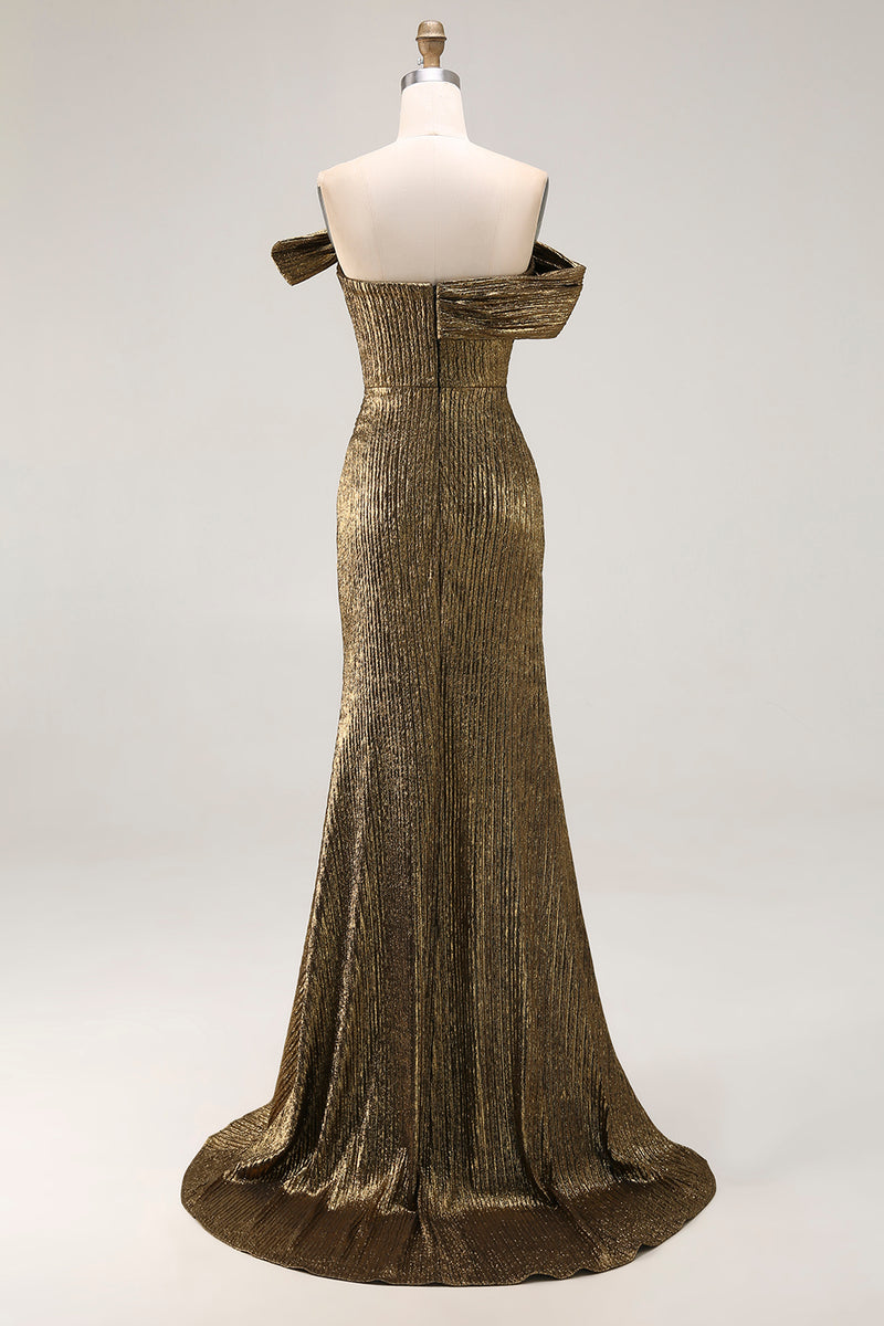 Load image into Gallery viewer, Golden Metallic One Shoulder Maxi Prom Dress with Slit